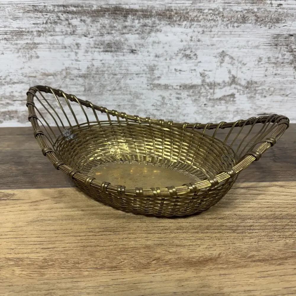 Vintage Woven Brass Bread Basket Gondola Oval Shape Made In India 11